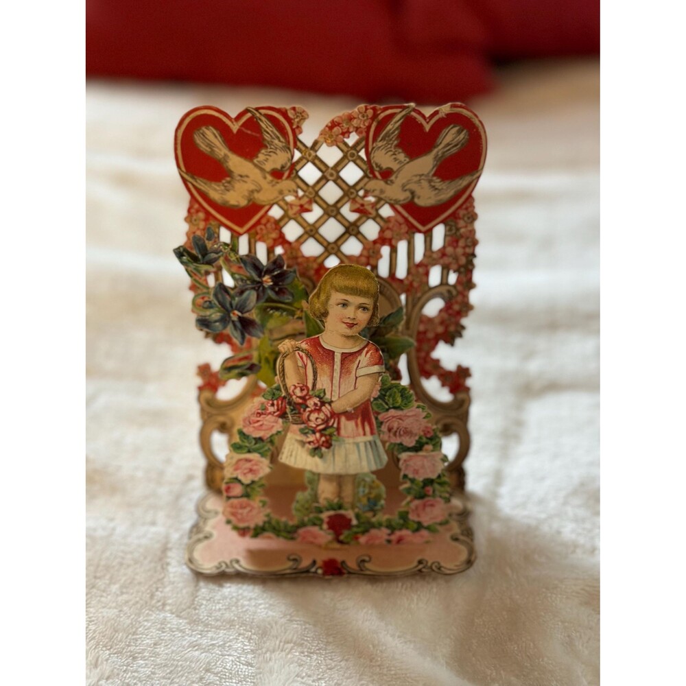 Antique 1900s Valentines Day Card Pull Down Pop Out Girl With Flowers